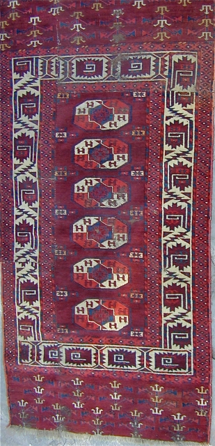 Fragmented early Yomud main carpet with wonderful colors and many interesting border elements and a minor Gul which is generally seen on Chuvals, 78'' X 37''.
Good pile.  Click to view image  ...