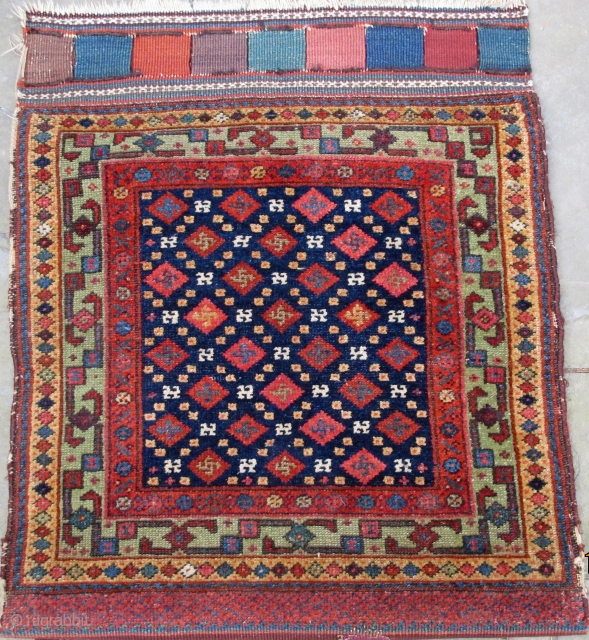 Mint condition pair of N.W. Persian pile bags, wonderful natural dyes,
including aubergine, yellow, and a corrosive green, 19th. century,
dimensions of the front of the bag:  24" X 22"[61 X 56cm]  