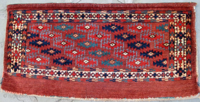  Finely woven Yomud Torba with extraordinary natural colors, ashik Guls showing 3 shades of blue, including two of light sky-blue, unusual border, original back, early 19th. century, excellent condition
30" X 15"[0.76  ...