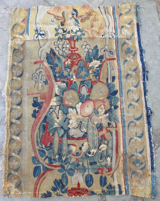 Ancient wool and silk European tapestry border fragment, needs to be washed,30" X 22"(76 X 56cm)                 