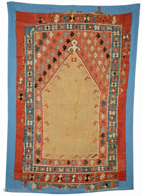 Early Ottoman Prayer Kelim, west Anatolia, 16th. century,
65" X 39" [165 by 99 cms]
CONSERVED BY TINA KANE GALLERY< WARWICK, NY             