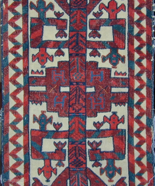 Rare Turkmen tent-band fragment with unusual design, gloriously saturated colors, corrosive insect dye, cotton highlights,
excellent condition, circa 1800, 78'' x 14''.  Click to see other images. Shipping included within the U.S. 