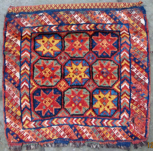 Unusual colorful full pile W. Persian bag complete with original complex embroidered weft-float back woven
originally in the weaving process, remnants of closures visible below in image of back, small hole bottom right,
19th.  ...