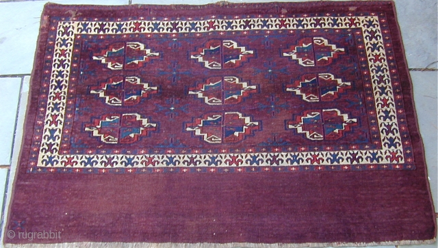 Extraordinary, finely woven Yomud Chuval with most unusual minor Guls and Major Gul interiors and unusual major and minor borders; note the Tamgha-like
symbol on back in left corner of Elem, early 19th.  ...