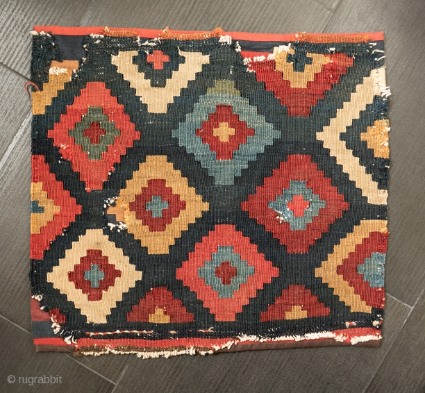 Shahsavan kilim mafrash panel, conserved, 17.5 V x 19.5 H inches.                      