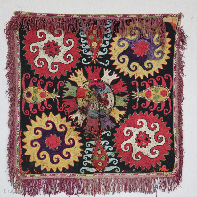 An exceptionally fine and rare antique needlepoint embroidered textile made by the famous Lakai tribe of Uzbekistan circa 1880-1890 period, named Aina Khalita(wedding mirror bag). It has a spectacular color range with  ...