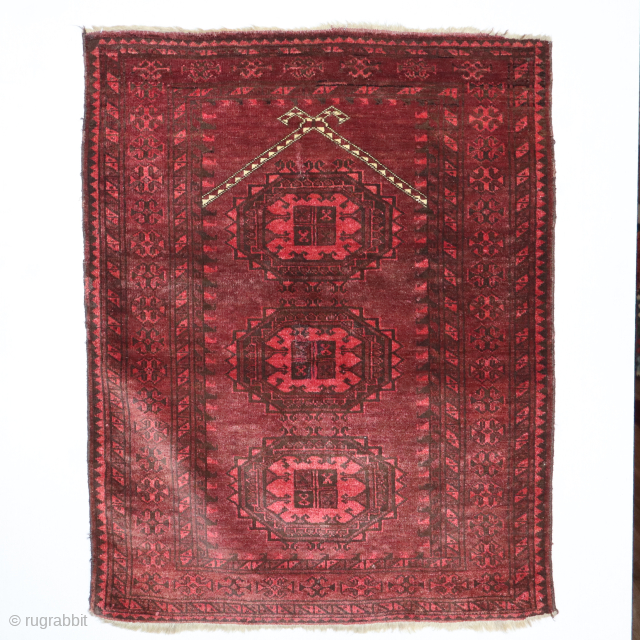 A dynamic antique Kizil Ayak Turkmen prayer rug from the Amu Darya region, northern Afghanistan. This piece was made circa 1910 or before by a nomadic woman. This is an excellent example  ...