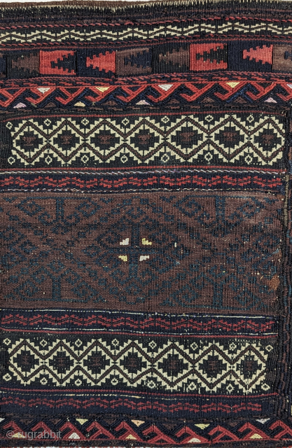 Antique finely woven Baluch chanteh bag circa 1910 or before, with unusual greens, and silk highlights. the chanteh is a beautiful example of baluch tribal weaving with a wonderful range of dyes,  ...