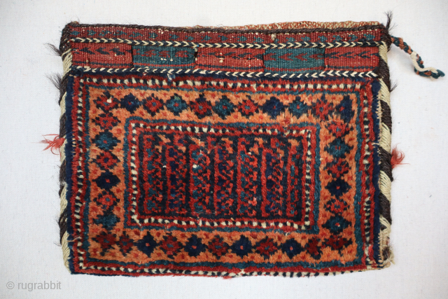  Exceptionally fine and unique Afshar small purse, made by a woman in E. Persia circa 1890-1910. It has a beautiful, stylized design with great overall colors in natural dyes. The intricate  ...