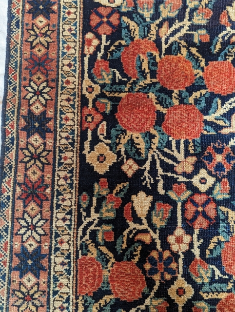 Detail of an Antique Afshar Golfarang rug, circa 1900, a beautiful range of natural dyes, with a unique star border design. size 3' by 3'11" contact us directly at rubiadarya@mymts.net   