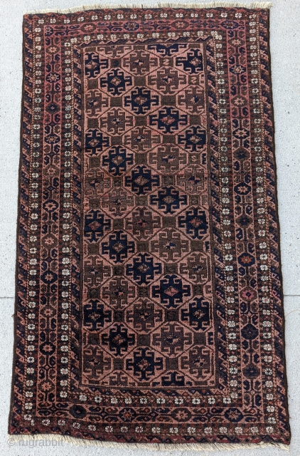 A beautiful Sangchuli Baluch from N.E.Persia great colors and design,some use of green.size 4'11" ×2'11" good condition, full pile missing kilim on both ends.         