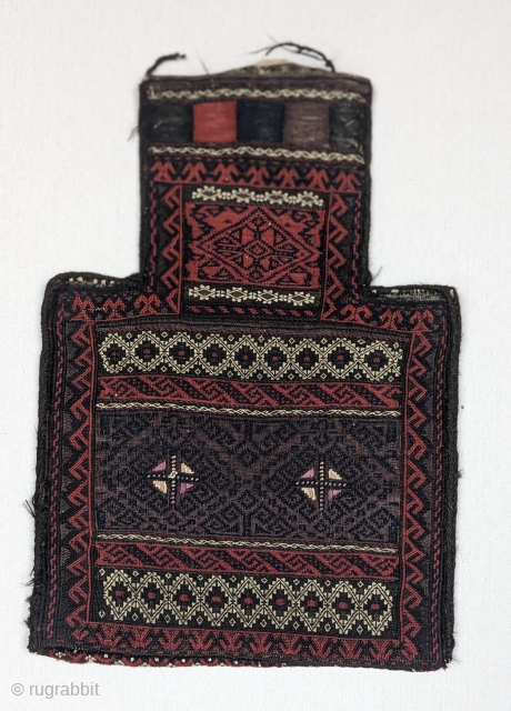 Antique Baluch Saltbag, circa 1880,  soumak work, with some silk highlights.A fine example of baluch weaving, in excellent condition, size 1'7" by 2'2", you can contact us directly at rubiadarya@mymts.net  