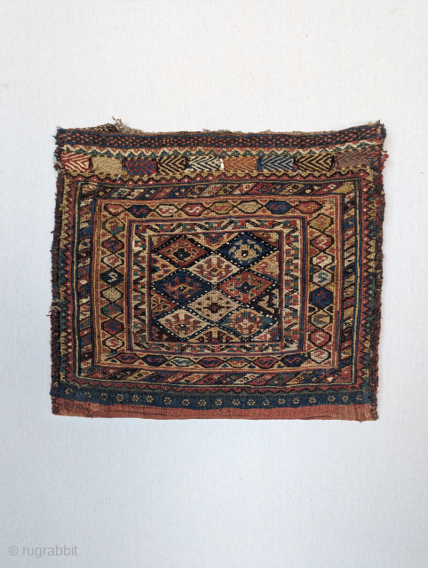 A finely woven Antique Afshar soumak bag, circa 1920 or before with all natural dyes, and a beautifully woven complete back. size is 1'5 by 1'7. Its in excellent condition for its  ...