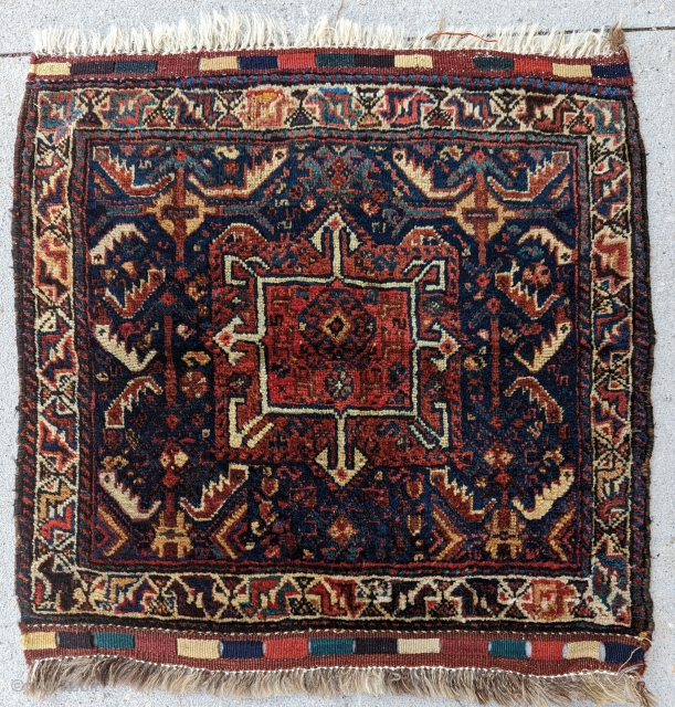 Antique Khamseh Qashqai bagface, wonderful range of colors and design, floppy hand with very soft wool excellent condition,  size 2'5" × 2'6"          