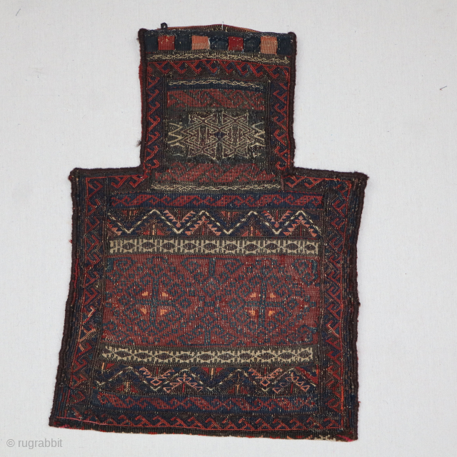 A very fine Baluch saltbag, made in the mix soumak weave. It has an amazing range of all-natural colors: great greens, saturated reds, and blues. It has a nice band of carpet,  ...
