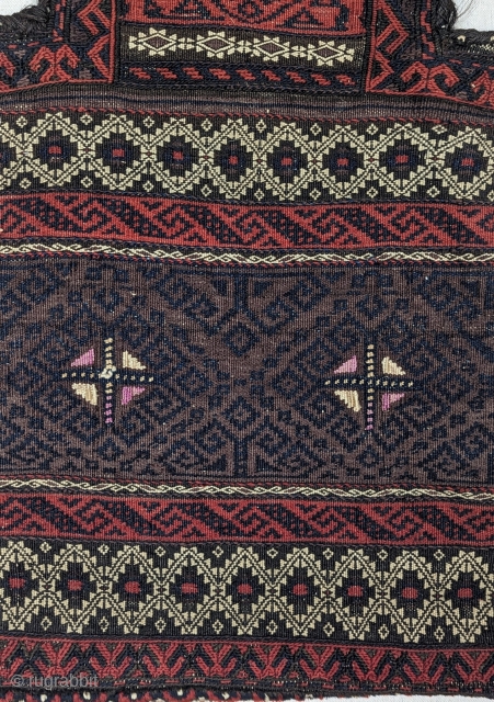 Silk Highlights on this one-of-a-kind Baluch saltbag in the mix weave technique, a finely woven piece of very high quality. Classic deep indigo colors with some carpet weaving. In excellent condition woven  ...