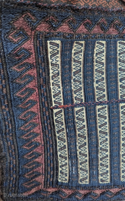 Detail of a beautiful mix technique Baluch chanteh woven in late 19th Century from Afghanistan, a finely woven example of baluch weaving with a nice cloud design complete back. You can contact  ...