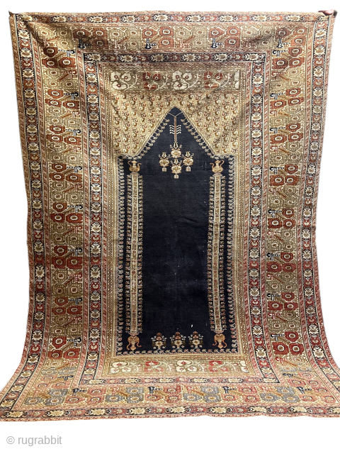 Antique Ghiordes prayer Rug C1900 with nice Blue field Mihrab and teapots  size 175/120 contact me directly knaqeebullah489@gmail.com              