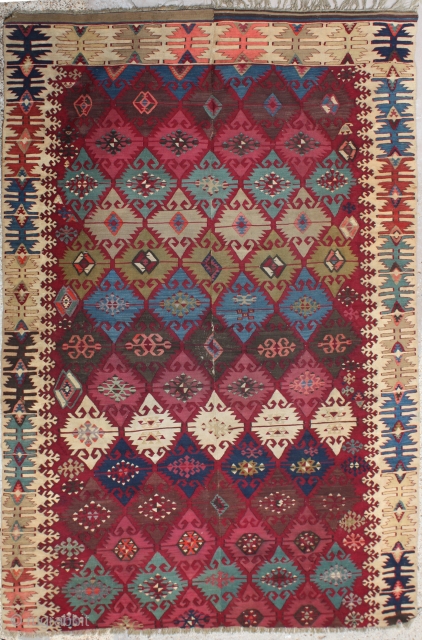Beautiful Antique Turkish Kilim Rug,
Size cm:265 x 160,
Size ft:8'10 x 5'4,
Code No:R6924,
Availability:In Stock,
This rug is over hundred years old and some minor damage and one border is missing     