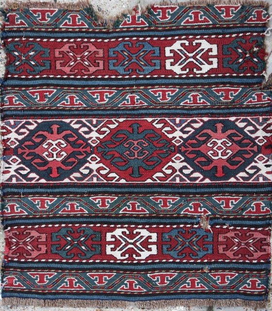 Shahsaven soumak


Category:Antique
Origin:Azerbaijan  	
City/Village:Kuba
Size cm:50 x 53
Size ft:1'8'' x 1'9''
Code No:F755
Availability:In Stock
Price:£150.00

Shahsaven soumak mafrash,all natural colour,
This rug is over hundred years old and very good condition just need little bit repair  