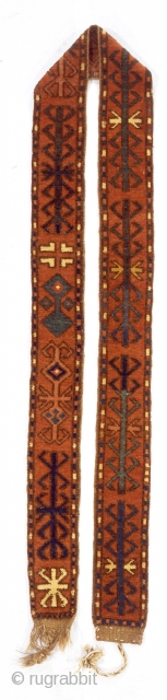 Kyrgyz Basmayil	c. 1900		5” x 9’9”	
“Basmayils were woven with various widths and lengths. They were used to secure loads on animals or as cinches to hold a saddle on a horse. They may  ...