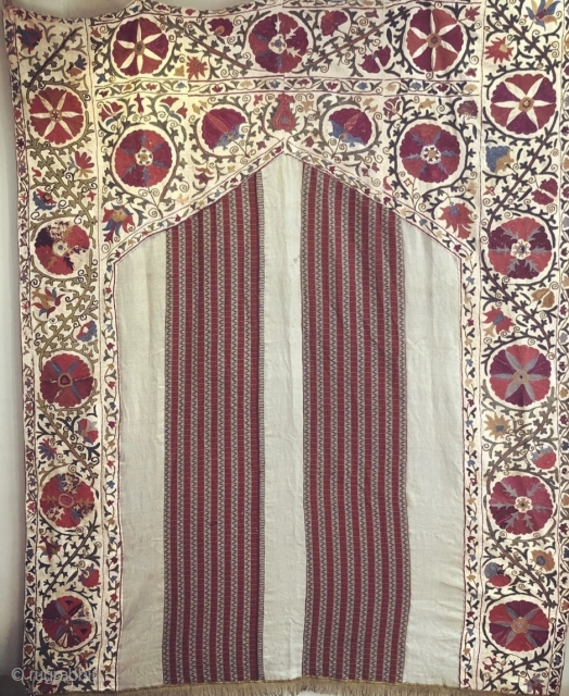 19th C. Prayer Niche Suzani
Pieced inset prayer niche of 42” wide x 63” L to top of point. Two 12 ¾” inset panels of striped (1” wide) of 18th C. Kashmir shawl  ...