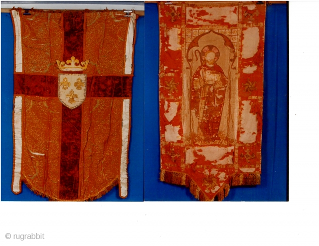 CHRISTIAN PROCESSIONAL BANNER 
18th/19th century
Probably Russian (French? German?)
Size: 3 feet by 5 feet 

This two sided piece on the one side: shows a Christ figure holding the paschal lamb and also  ...