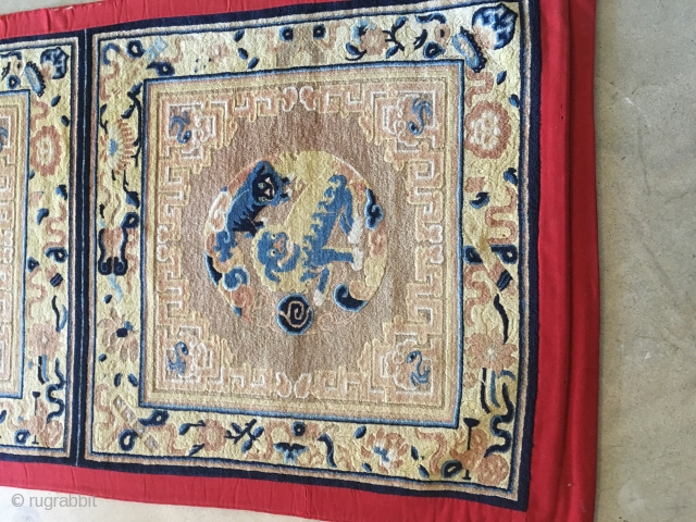 Very excellent condition. Rare and hard to find. Size: 3ft x 13ft 9"
Please contact only serious buyer. Chinese Ningxia squares runner with lion Fu dogs.        