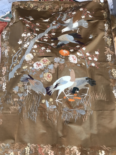 19th C. Japanese Embroidery
Brown silk background with chrysanthemums, plum branch and blossoms, bamboo, and birds hand embroidery. Colors of: grey, peach shades, white, violet, indigo blue, orange, brown, tan, eggplant, light tan,  ...