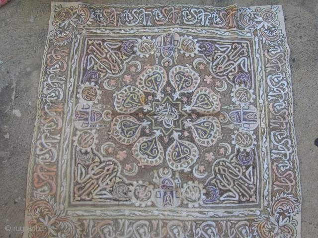 Turkish metallic & silk satin-stitch embroidery on natural linen ground.
Central motif is a depiction of the Sultan's Seal.
Size: 31 1/2 inches x 32 inches; Age: first quarter of the 20th century  