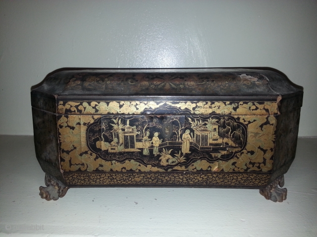 Chinese Chinoiserie Sewing Box with key

Antique from mid 1800's
Originally box for keeping sewing items 
Good condition-Left side rear area missing small piece of veneer         