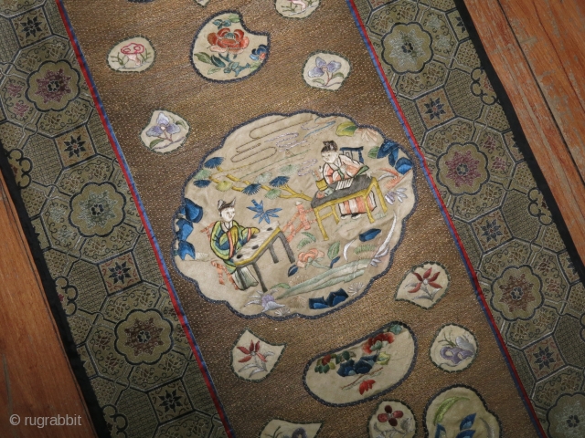 Antique Chinese Textile 1'x1'2''.  Metal Thread.  Border is probably machine.  Silk backing.  Lovely colors and subject.

             