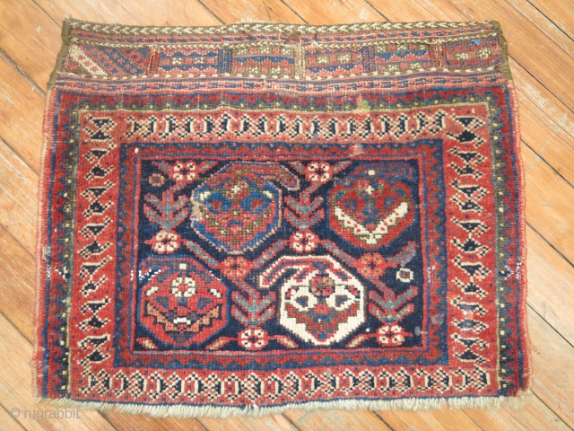 Antique Afshar Or Gashghai bagface.  1'6''x1'3''.  One end is missing bad has been secured.  Looks like 2 tiny repairs on top right center border.      