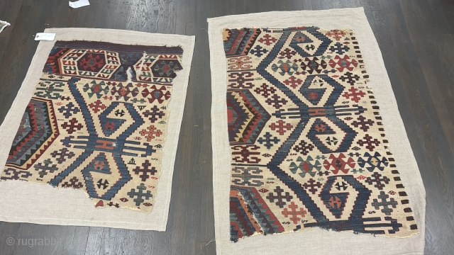 Pair of Antique Turkish Kilim fragments.                           