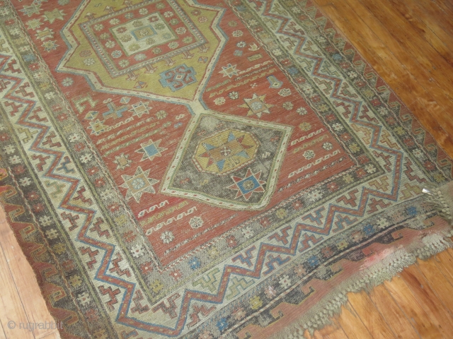 Antique Soumac.  Size 4'4''x9'7''.  Low areas.  Old repair.  Trendy!                    