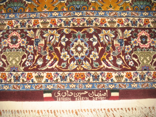 Persian Isfahan Silk rug.  Master weaver.  Measures 3'7''x5'6''.  The yellow is silk.  Mint condition               