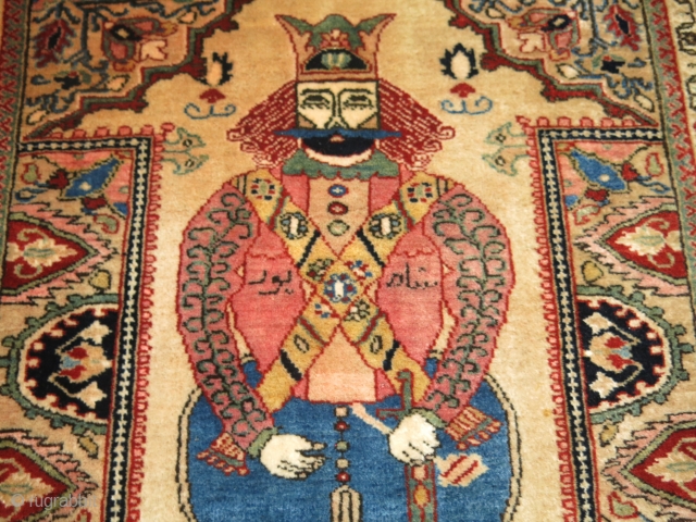 Rare antique Persian Jozan Sarouk rug mat symbolizing king Shapur who was a Persian king dating back to medieval times. Size 2'2''x2'6''. The "King" you find in most deck of playing cards,  ...