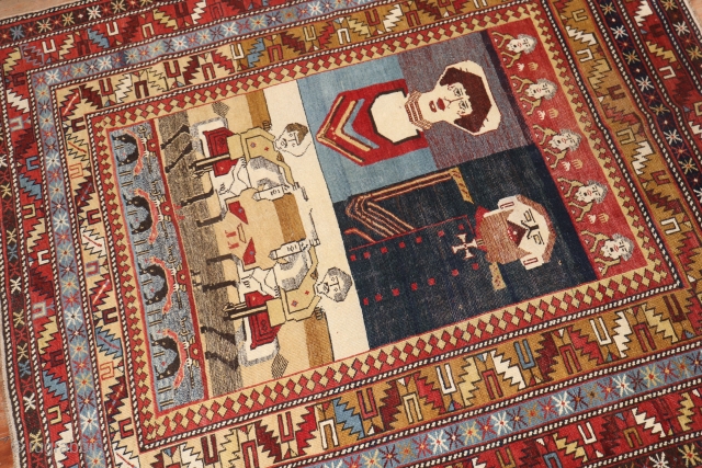 Antique Caucasian Pictorial rug.  Some minor low areas.  4'1''x4'9''                      