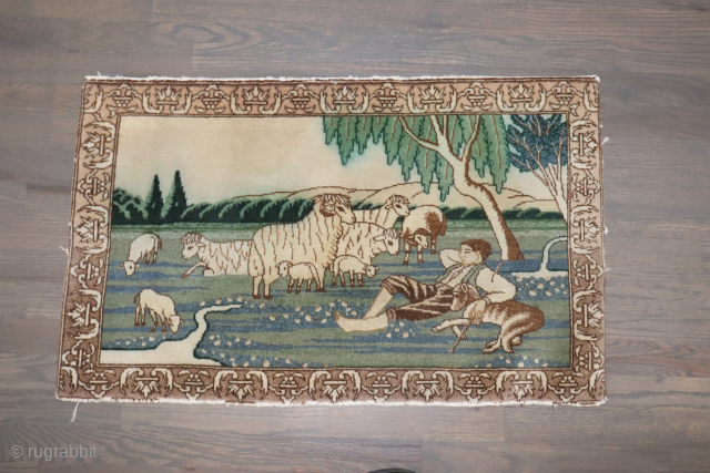 Pictorial animal lover Tabriz 1'11''x2'8''.  Needs some end and side care.                     
