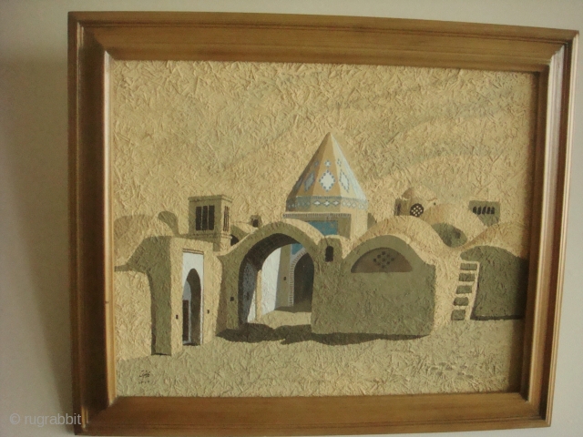 This is an original masterpiece by the renowned Iranian painter Parviz Kalantari (1931-2016) depicting part of a small oasis in Kirman with a wind-catcher (baad-gir)and entrance to the cistern (aab anbar). Acrylic  ...