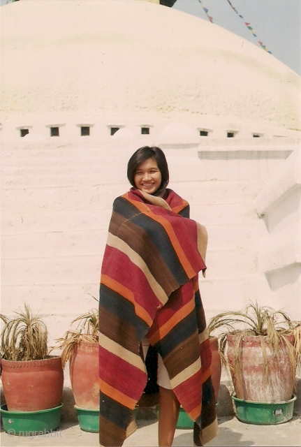 Su in Boudha modeling an early 20thC
Dolpo[western Nepal] blanket.                        