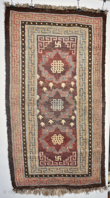 Early 19thC Tibetan “khaden”(sitting rug;to go on a single bed)
This larger knot type is attributed to Gamba Dzong (There are several spellings used in English;it is a trading town with a fort  ...