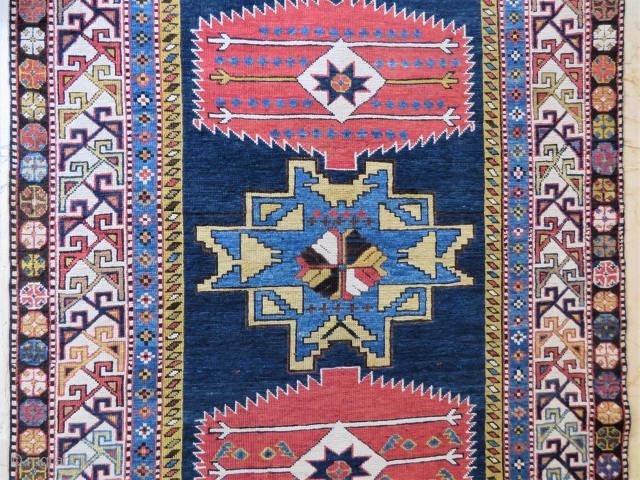 Caucassian Shahnasar shirvan rug wonderful colors ,very good condition all original and  size 2,33x1,25 cm ( 49 ''x 91'' inches ) Circa 1890-1900         