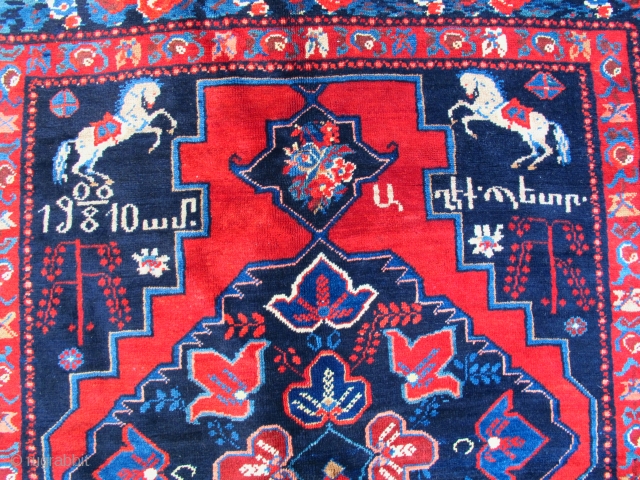 Antique Karabagh rug has original Armenian date, excellent condition, full pile.
Made at 10th month of 1908. The maker woman made for "Peter" writes under the horse at right side. There is a  ...