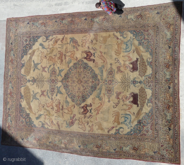 Antique Persian Large Size Carpet. Perhaps Tabriz, Kerman or Khorossan. Wonderful design and excellent condition and all animal  in one rug This carpet represents Noah's Ark and border is  very  ...