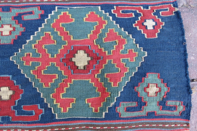 Caucassian mafrash kilim panel Shirvan area and very fine work amazing colors size 1,00x45 cm Circa 1860-1870                