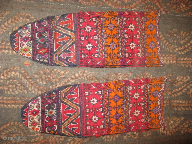 Caucasian Kuba SOCKS pair wonderful colours  and very old  wool and wool  size:0,40 X 0,15 cm    Circa 1900 or 1910       