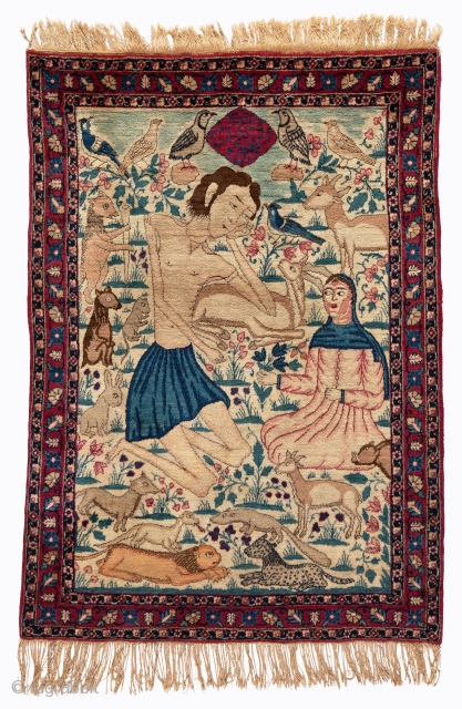 Kerman pictorial rug, Top condition, High pile, Not restored, All natural colors, Size: 135 x 95 cm. ( 53.1 x 37.4 inch ) www.sadeghmemarian.com
         