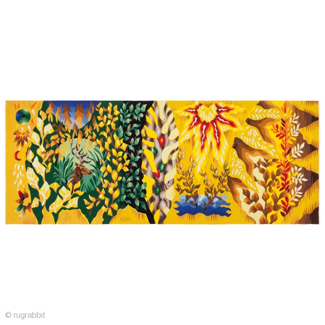 Dirk Holger Gobelin-triptychon “Sonnengarten”, Three pieces (left part, middle part and right part), Dirk Holger-Germany-Nurnberg 1970, Excellent condition with beautiful colours, Size: 150 x 380 cm. ( 59.0 x 149.6 inch ).  ...