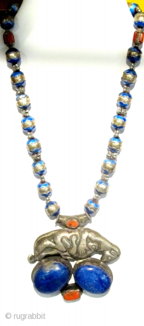 Antique Silver Necklace with Lapis and coral                          